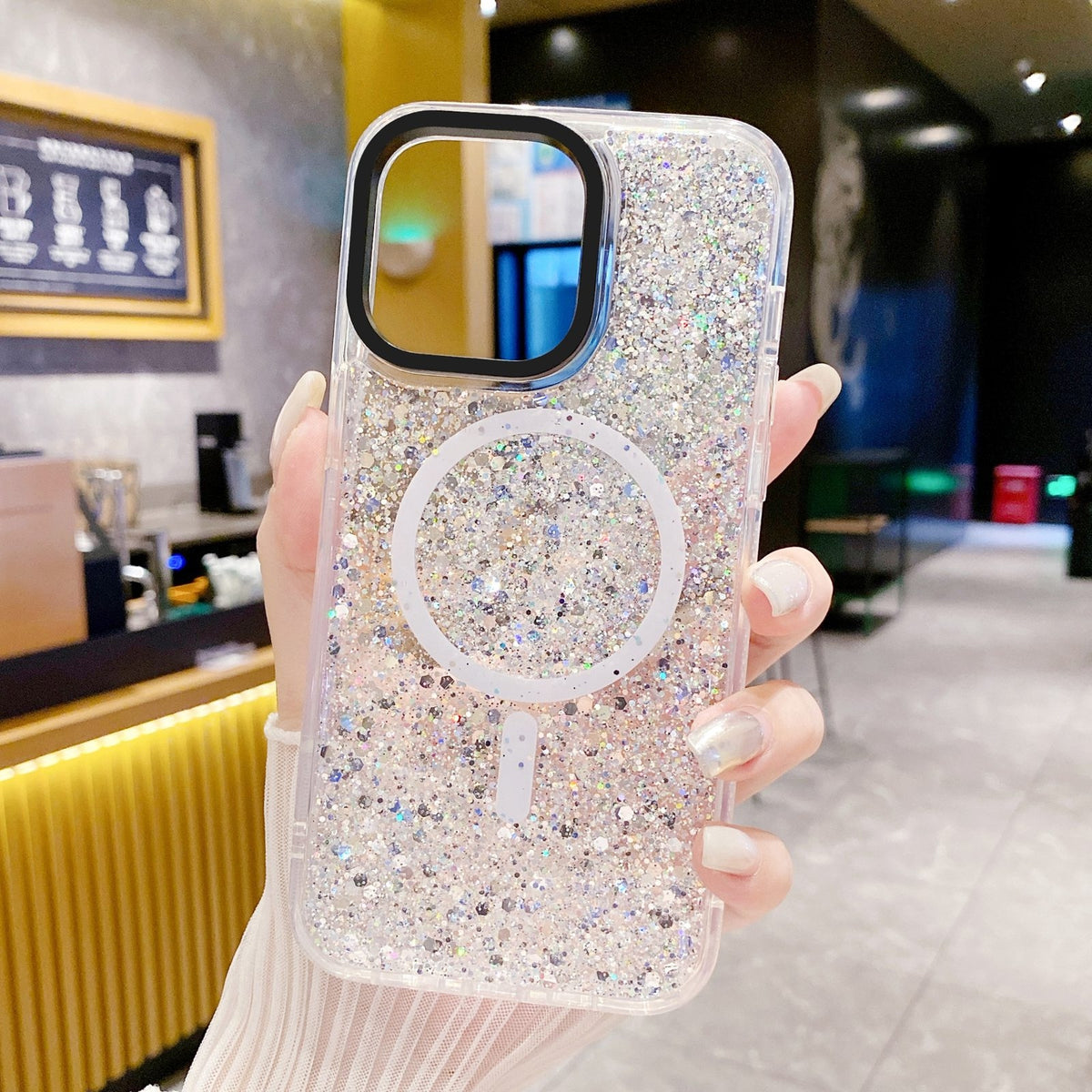 ELECTROPRIME For iPhone 15 Plus Gold Armor MagSafe Glitter Epoxy Phone Case(White)