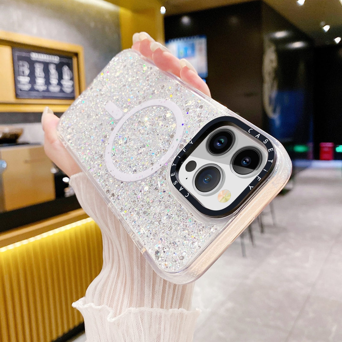 ELECTROPRIME For iPhone 15 Plus Gold Armor MagSafe Glitter Epoxy Phone Case(White)