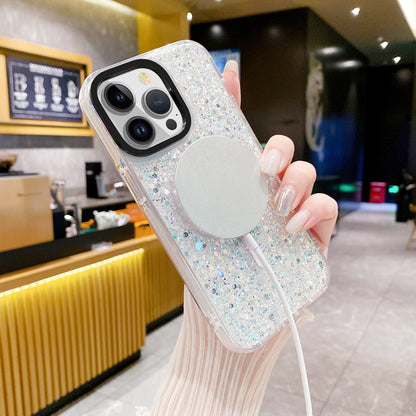 ELECTROPRIME For iPhone 15 Plus Gold Armor MagSafe Glitter Epoxy Phone Case(White)