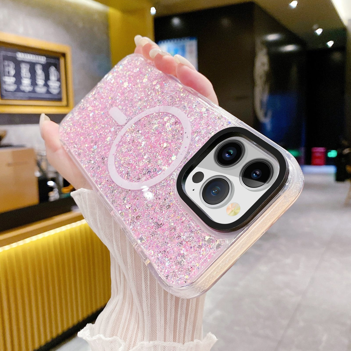 ELECTROPRIME For iPhone 15 Gold Armor MagSafe Glitter Epoxy Phone Case(Pink)