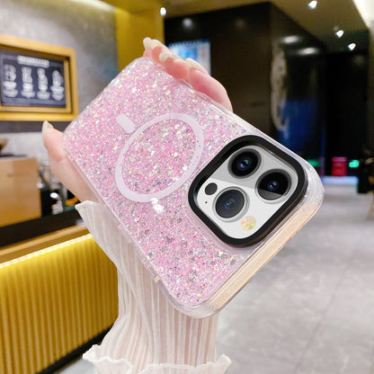 ELECTROPRIME For iPhone 15 Gold Armor MagSafe Glitter Epoxy Phone Case(Pink)