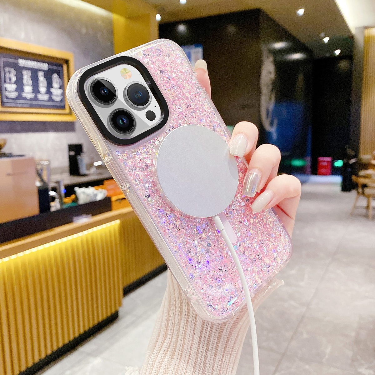 ELECTROPRIME For iPhone 15 Gold Armor MagSafe Glitter Epoxy Phone Case(Pink)