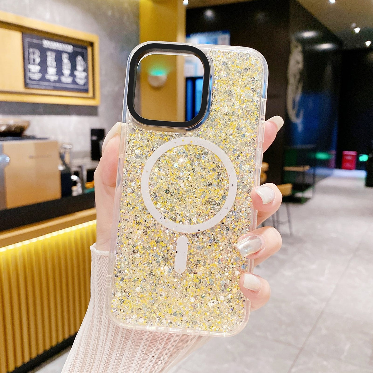 ELECTROPRIME For iPhone 15 Gold Armor MagSafe Glitter Epoxy Phone Case(Yellow)
