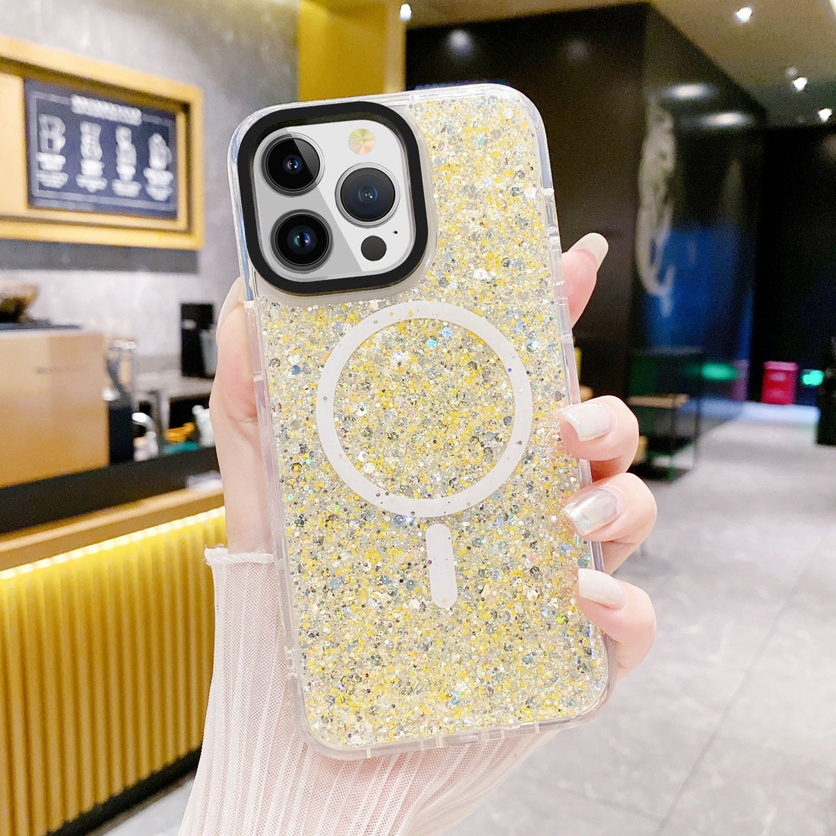 ELECTROPRIME For iPhone 15 Gold Armor MagSafe Glitter Epoxy Phone Case(Yellow)