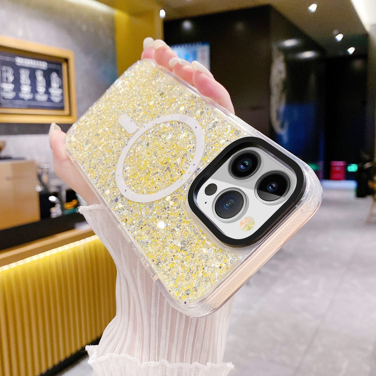 ELECTROPRIME For iPhone 15 Gold Armor MagSafe Glitter Epoxy Phone Case(Yellow)