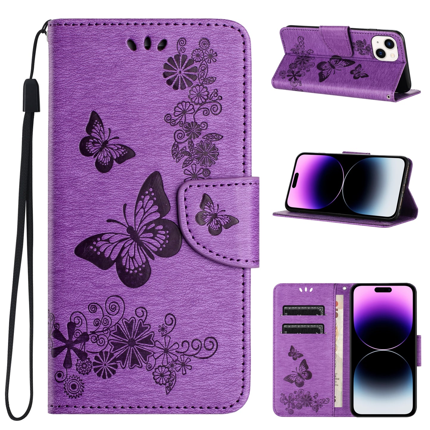 ELECTROPRIME For iPhone 15 Butterfly Embossed Flip Leather Phone Case(Purple)