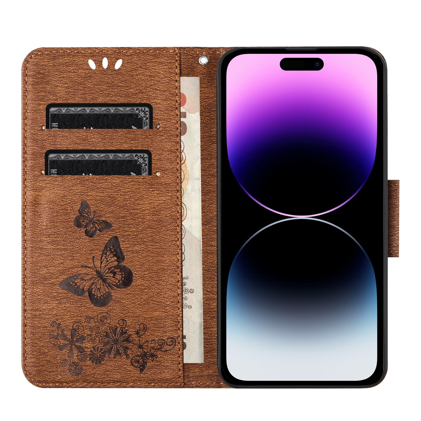ELECTROPRIME For iPhone 15 Butterfly Embossed Flip Leather Phone Case(Brown)