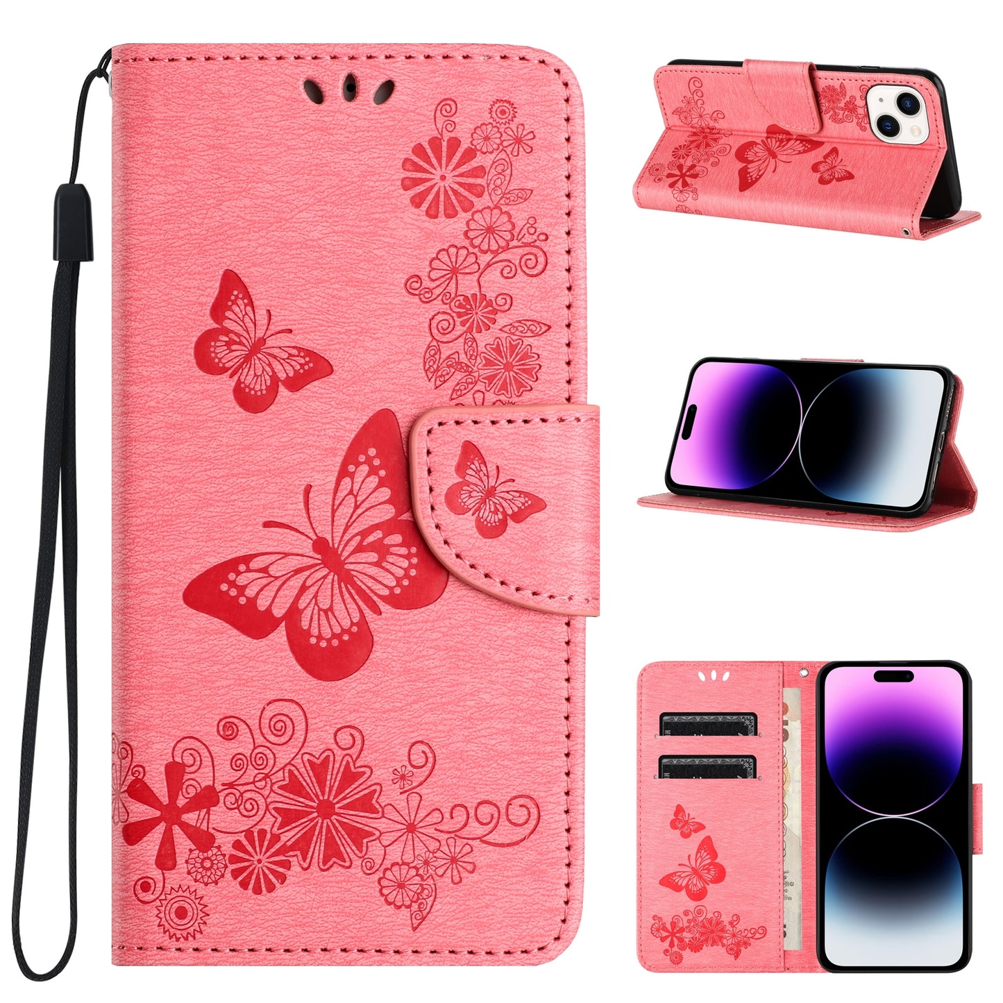 ELECTROPRIME For iPhone 15 Butterfly Embossed Flip Leather Phone Case(Pink)