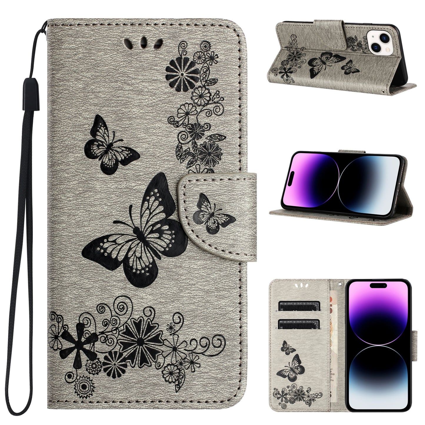ELECTROPRIME For iPhone 15 Butterfly Embossed Flip Leather Phone Case(Grey)