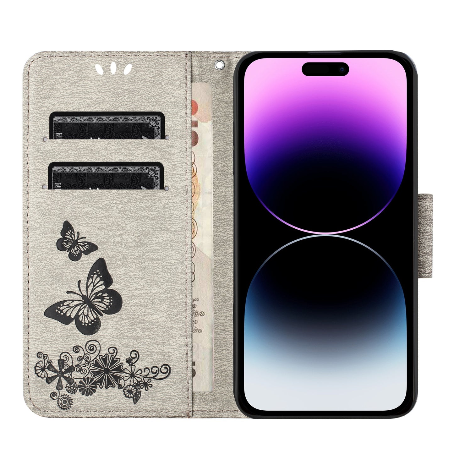 ELECTROPRIME For iPhone 15 Butterfly Embossed Flip Leather Phone Case(Grey)
