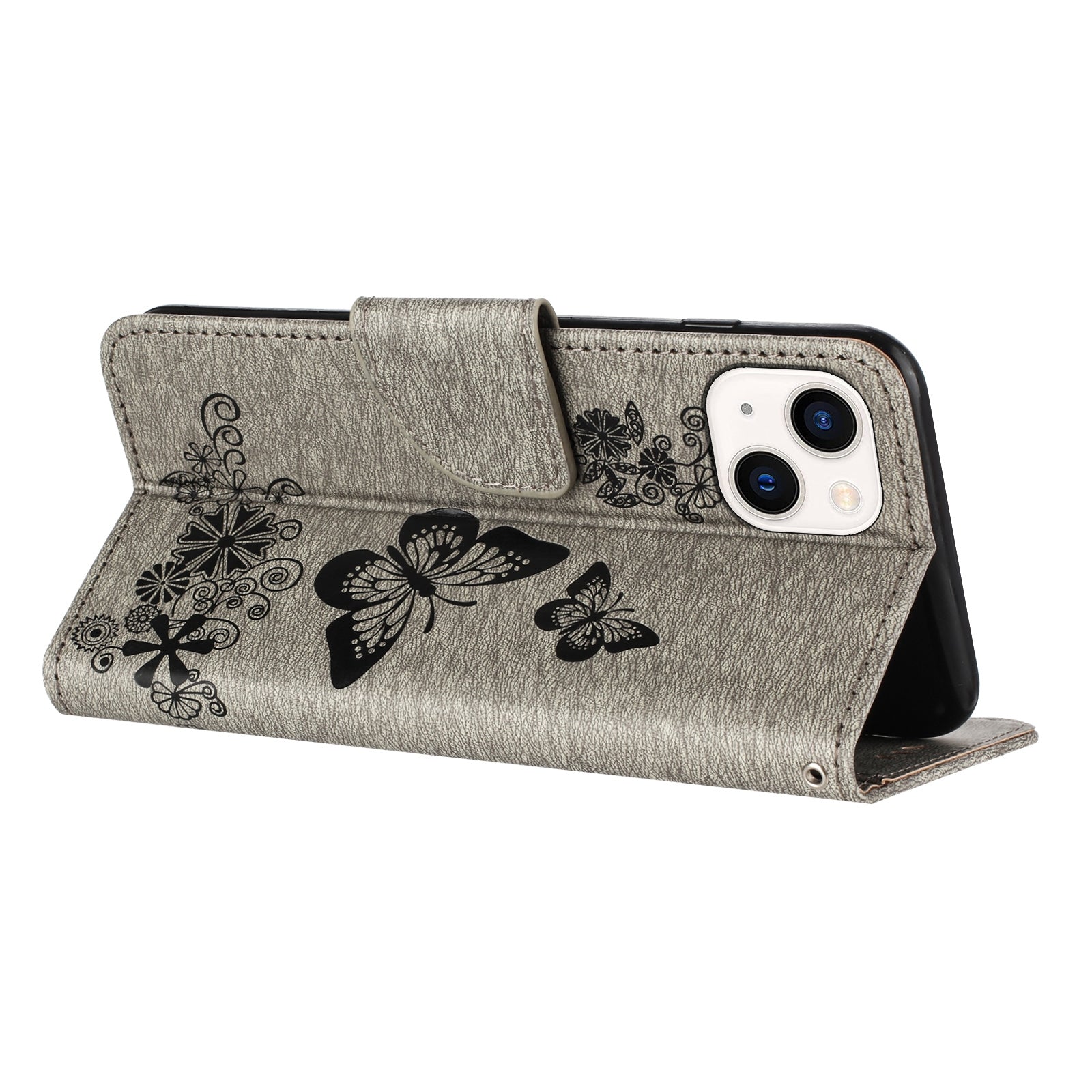ELECTROPRIME For iPhone 15 Butterfly Embossed Flip Leather Phone Case(Grey)