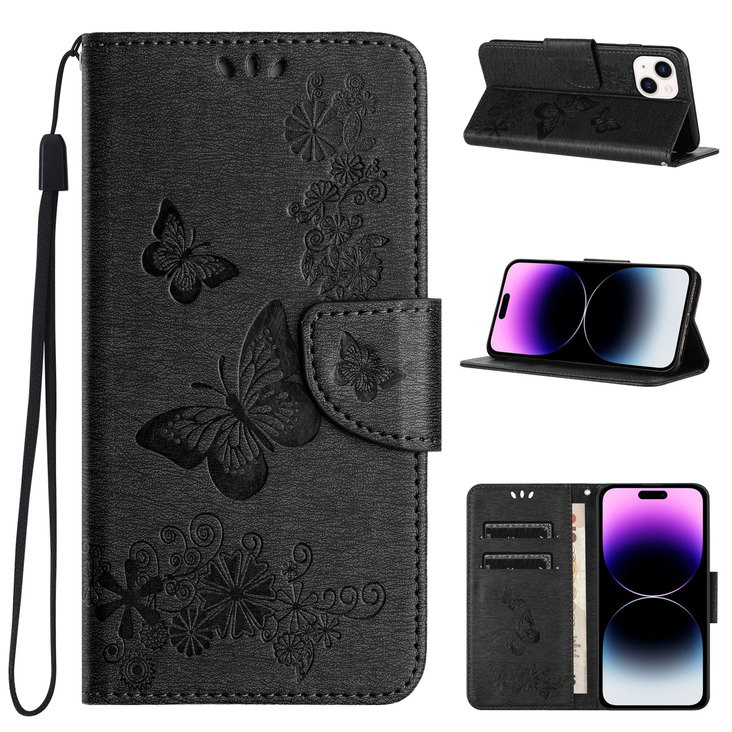 ELECTROPRIME For iPhone 15 Butterfly Embossed Flip Leather Phone Case(Black)