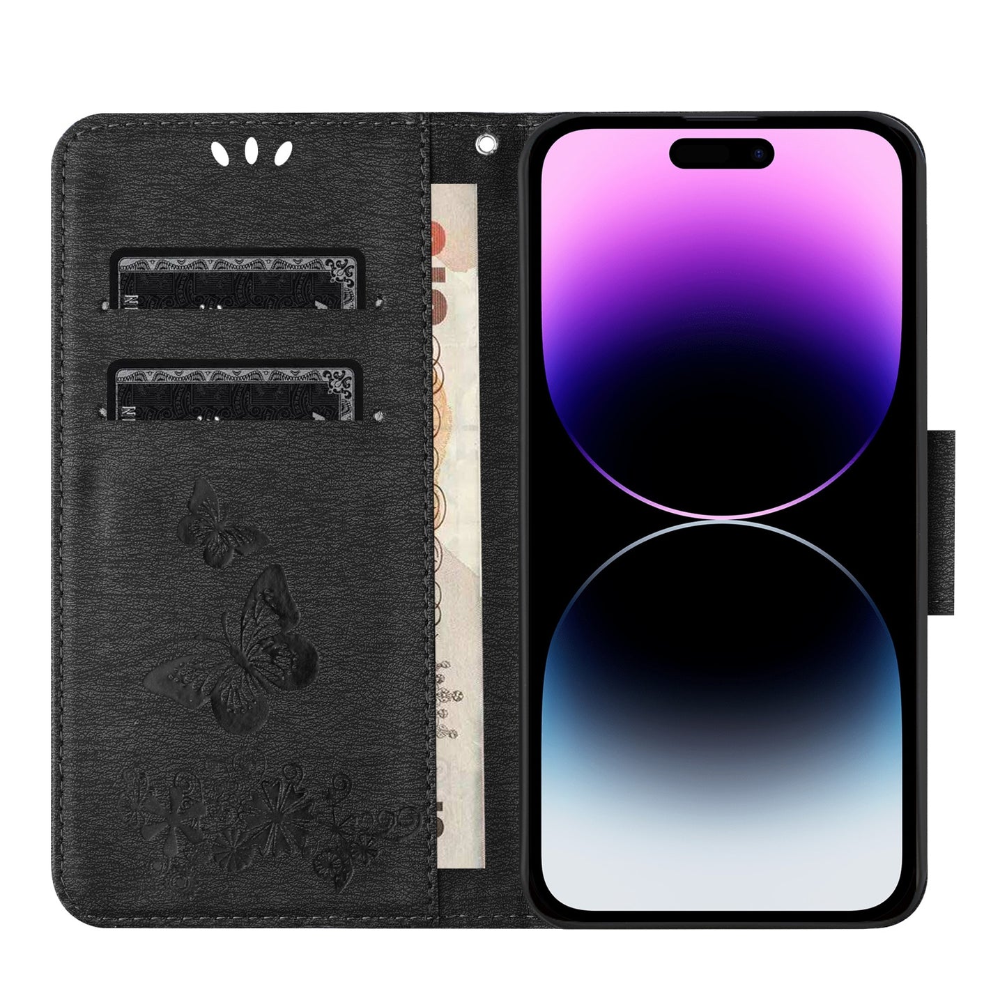 ELECTROPRIME For iPhone 15 Butterfly Embossed Flip Leather Phone Case(Black)