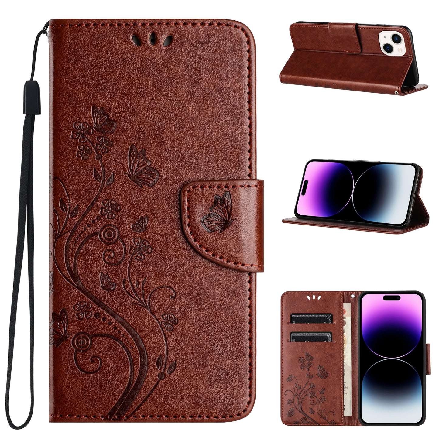ELECTROPRIME For iPhone 15 Butterfly Flower Pattern Flip Leather Phone Case(Brown)