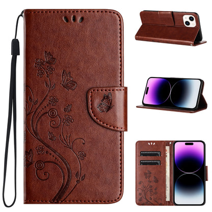 ELECTROPRIME For iPhone 15 Butterfly Flower Pattern Flip Leather Phone Case(Brown)