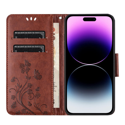 ELECTROPRIME For iPhone 15 Butterfly Flower Pattern Flip Leather Phone Case(Brown)