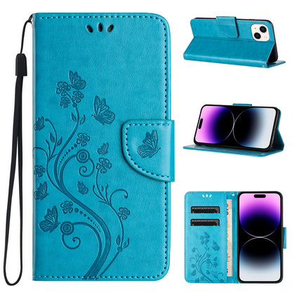 ELECTROPRIME For iPhone 15 Butterfly Flower Pattern Flip Leather Phone Case(Blue)