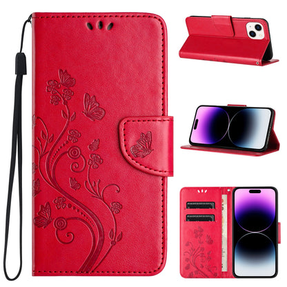 ELECTROPRIME For iPhone 15 Butterfly Flower Pattern Flip Leather Phone Case(Red)
