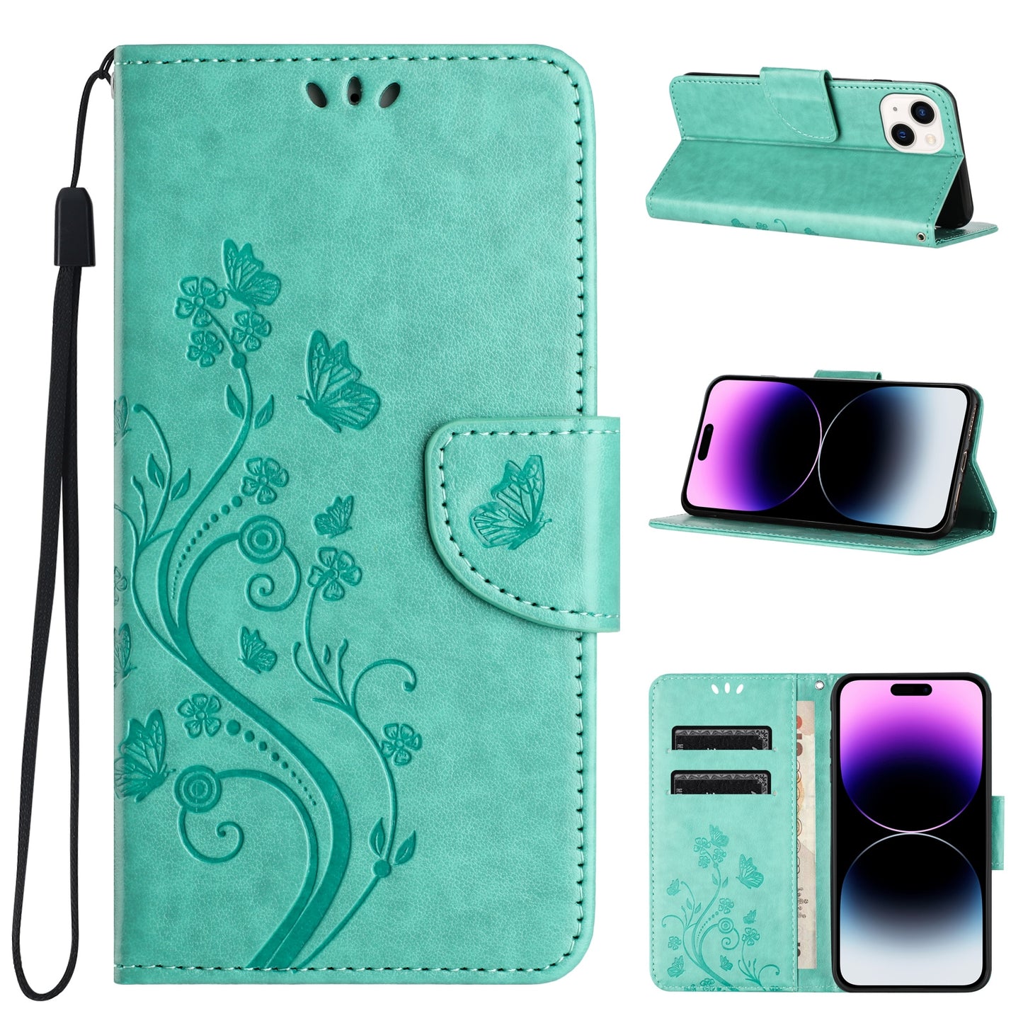 ELECTROPRIME For iPhone 15 Butterfly Flower Pattern Flip Leather Phone Case(Green)