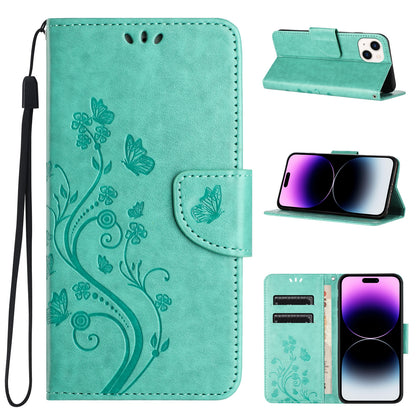 ELECTROPRIME For iPhone 15 Butterfly Flower Pattern Flip Leather Phone Case(Green)