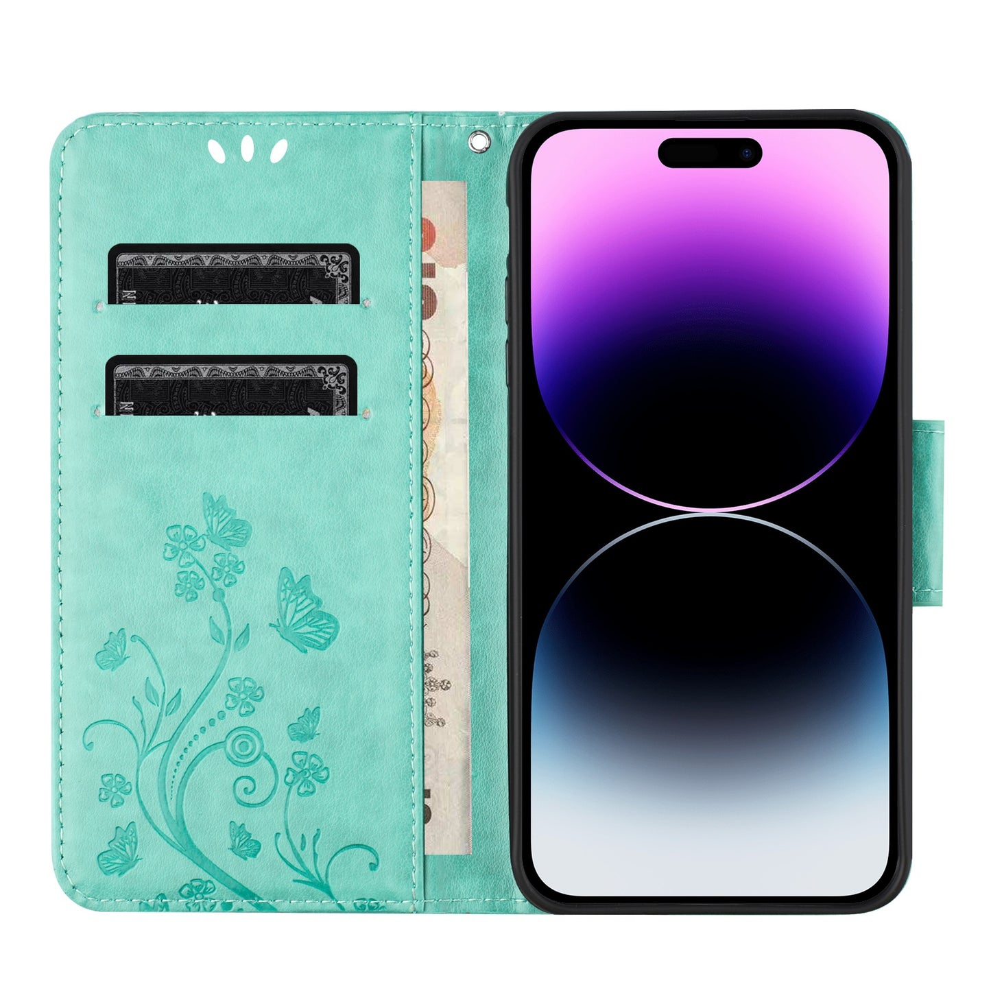 ELECTROPRIME For iPhone 15 Butterfly Flower Pattern Flip Leather Phone Case(Green)