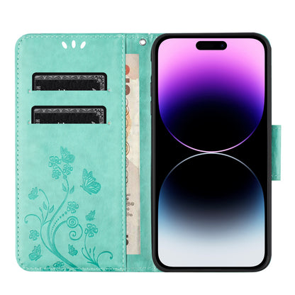 ELECTROPRIME For iPhone 15 Butterfly Flower Pattern Flip Leather Phone Case(Green)