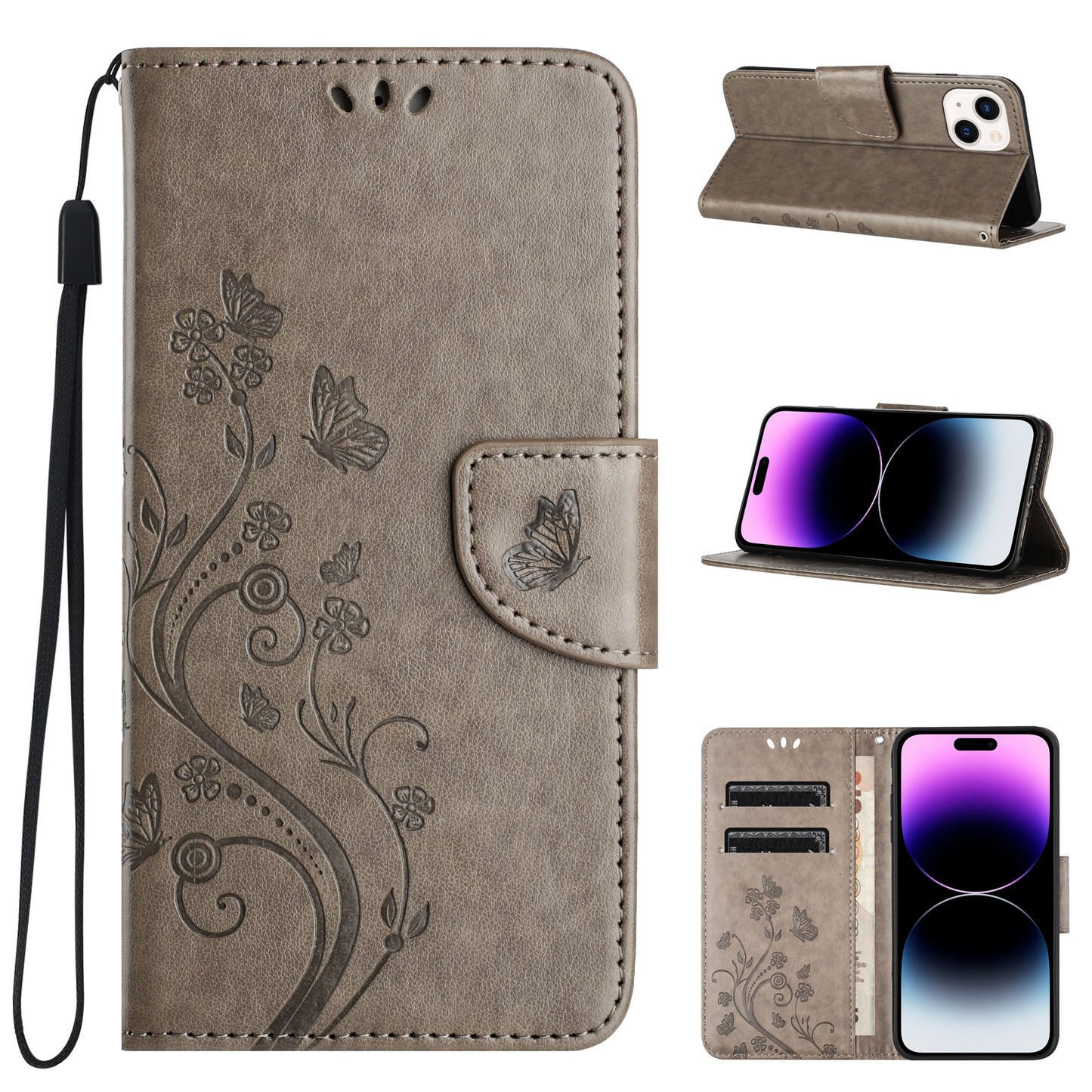 ELECTROPRIME For iPhone 15 Butterfly Flower Pattern Flip Leather Phone Case(Grey)