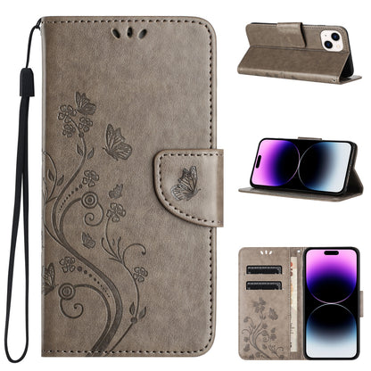 ELECTROPRIME For iPhone 15 Butterfly Flower Pattern Flip Leather Phone Case(Grey)