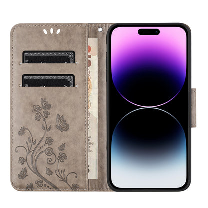 ELECTROPRIME For iPhone 15 Butterfly Flower Pattern Flip Leather Phone Case(Grey)