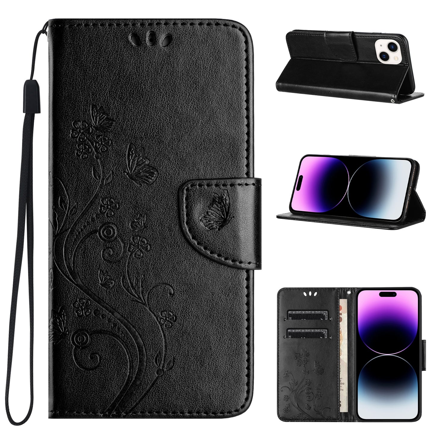 ELECTROPRIME For iPhone 15 Butterfly Flower Pattern Flip Leather Phone Case(Black)