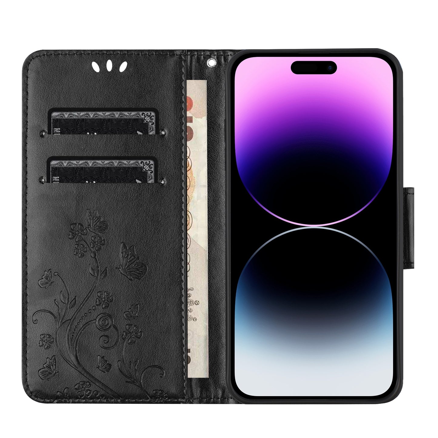 ELECTROPRIME For iPhone 15 Butterfly Flower Pattern Flip Leather Phone Case(Black)