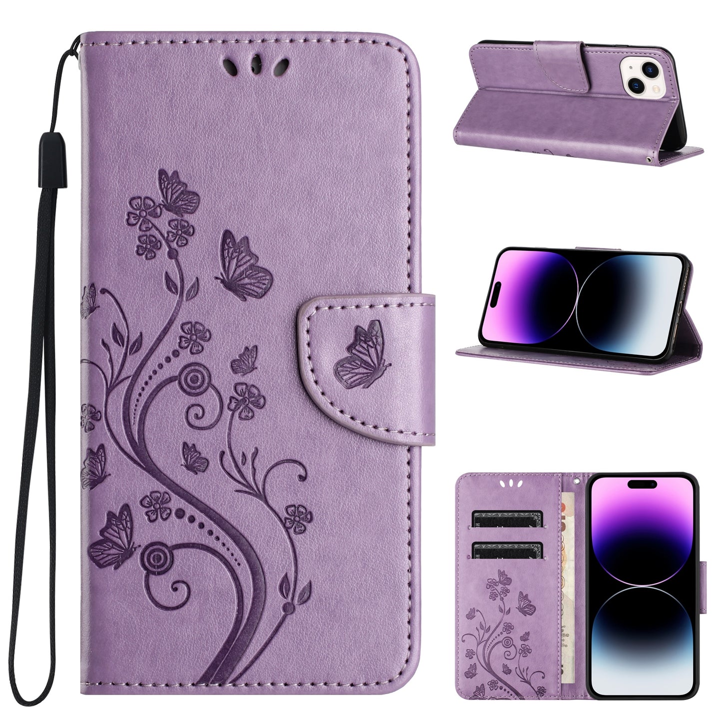 ELECTROPRIME For iPhone 15 Butterfly Flower Pattern Flip Leather Phone Case(Light Purple)