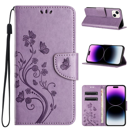 ELECTROPRIME For iPhone 15 Butterfly Flower Pattern Flip Leather Phone Case(Light Purple)