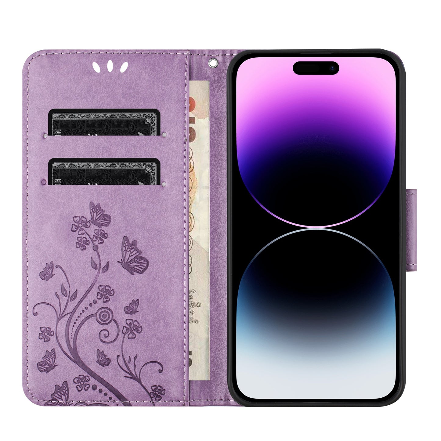 ELECTROPRIME For iPhone 15 Butterfly Flower Pattern Flip Leather Phone Case(Light Purple)