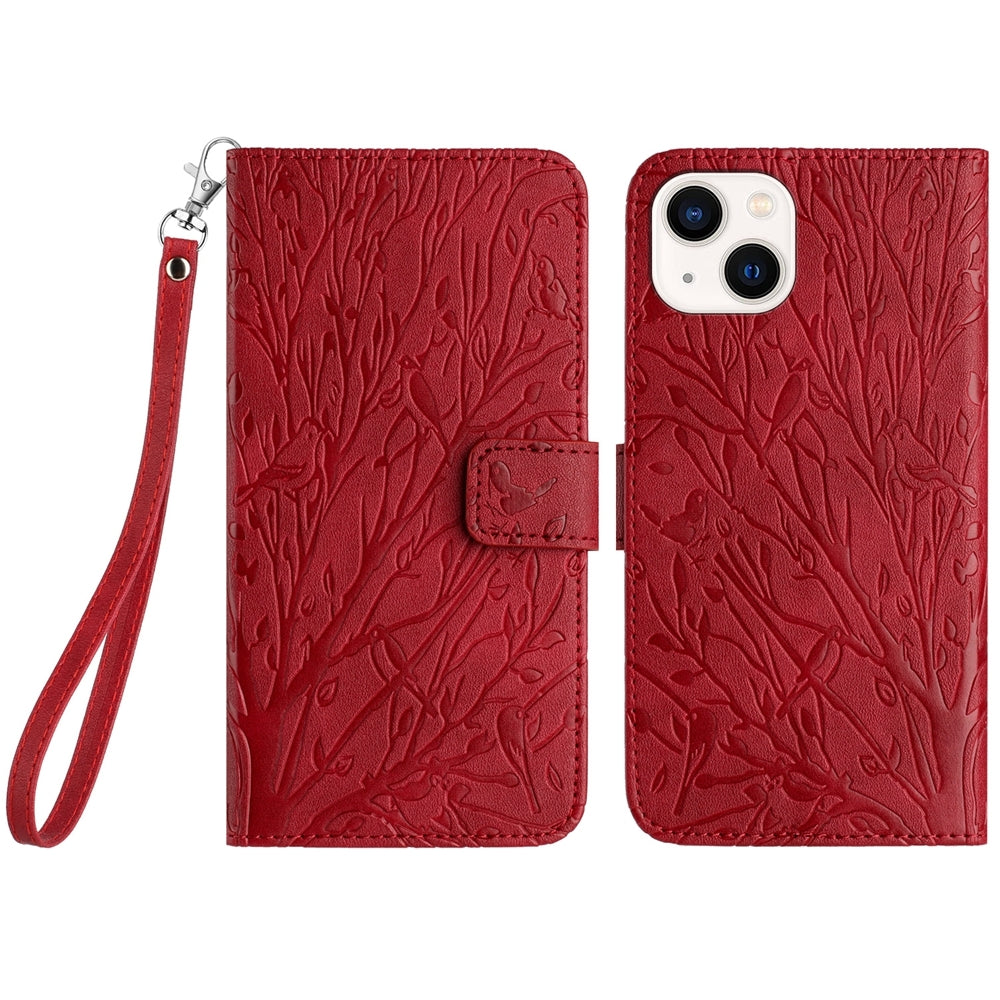 ELECTROPRIME For iPhone 15 Tree Birds Embossed Pattern Leather Phone Case(Red)