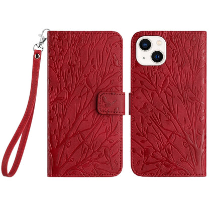 ELECTROPRIME For iPhone 15 Tree Birds Embossed Pattern Leather Phone Case(Red)