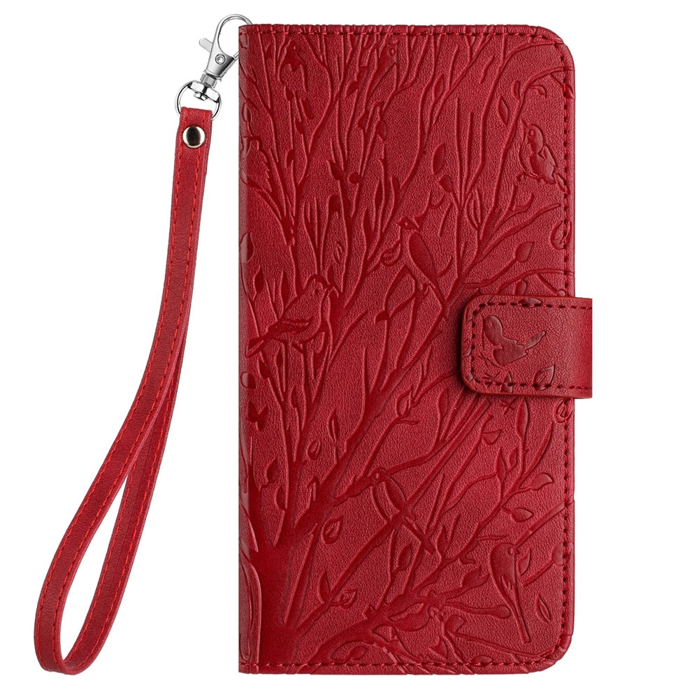 ELECTROPRIME For iPhone 15 Tree Birds Embossed Pattern Leather Phone Case(Red)