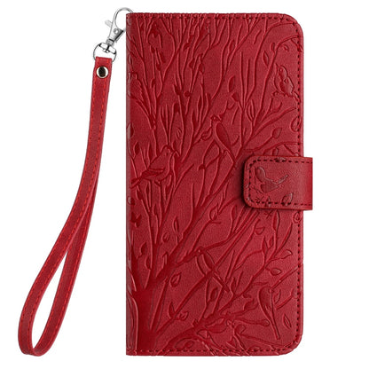 ELECTROPRIME For iPhone 15 Tree Birds Embossed Pattern Leather Phone Case(Red)