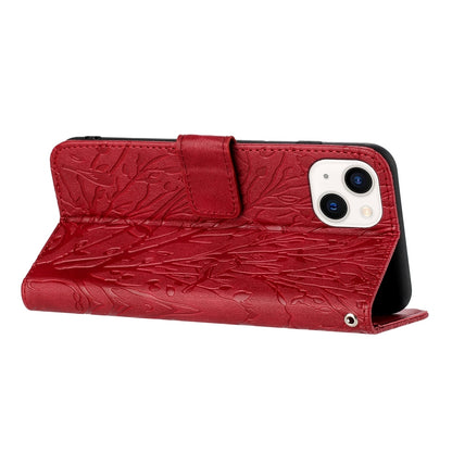 ELECTROPRIME For iPhone 15 Tree Birds Embossed Pattern Leather Phone Case(Red)
