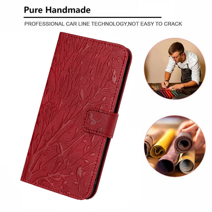 ELECTROPRIME For iPhone 15 Tree Birds Embossed Pattern Leather Phone Case(Red)