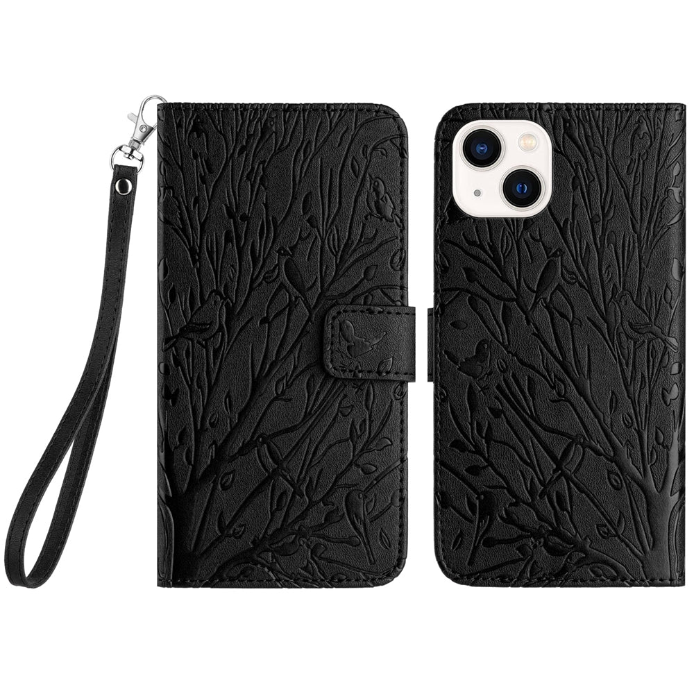 ELECTROPRIME For iPhone 15 Tree Birds Embossed Pattern Leather Phone Case(Black)