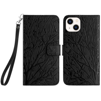 ELECTROPRIME For iPhone 15 Tree Birds Embossed Pattern Leather Phone Case(Black)