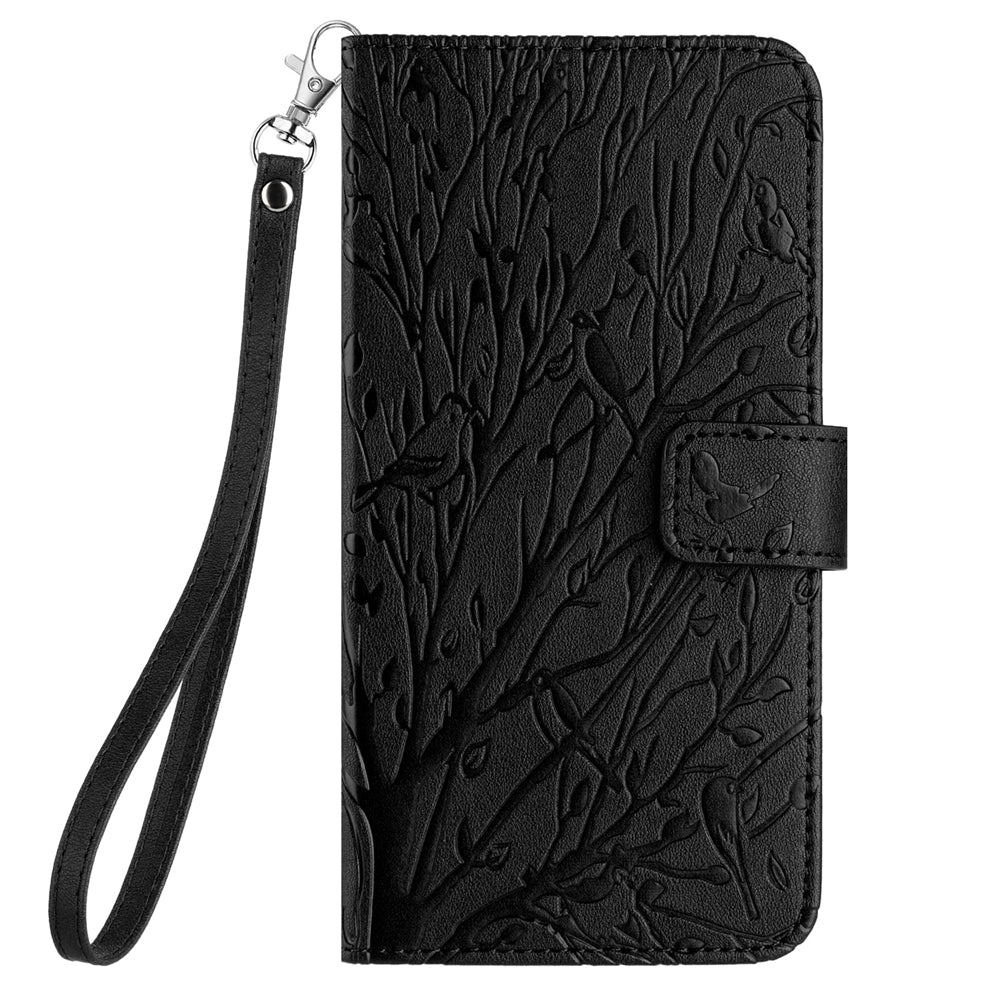 ELECTROPRIME For iPhone 15 Tree Birds Embossed Pattern Leather Phone Case(Black)