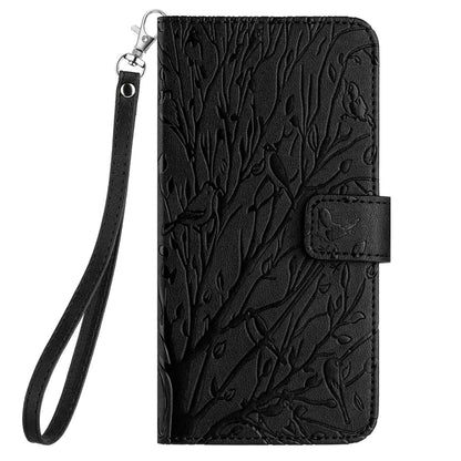 ELECTROPRIME For iPhone 15 Tree Birds Embossed Pattern Leather Phone Case(Black)
