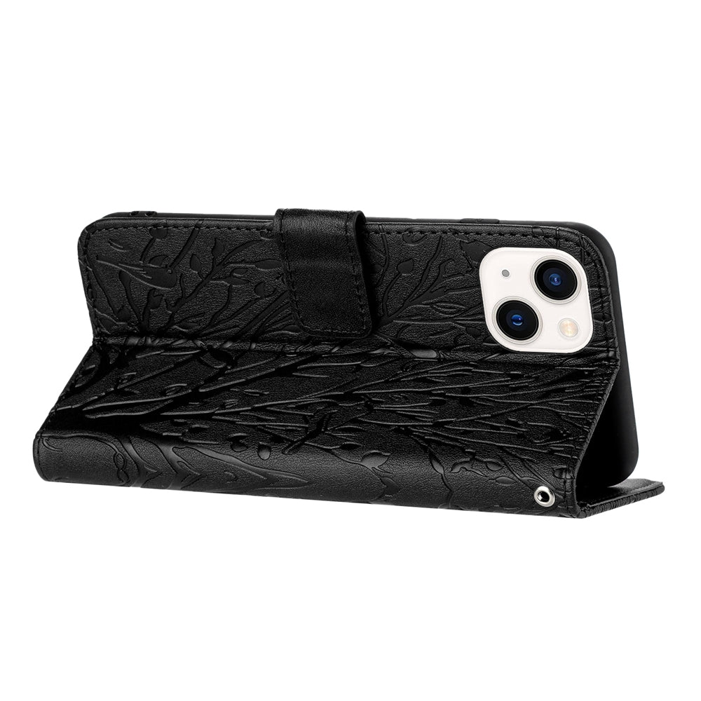 ELECTROPRIME For iPhone 15 Tree Birds Embossed Pattern Leather Phone Case(Black)