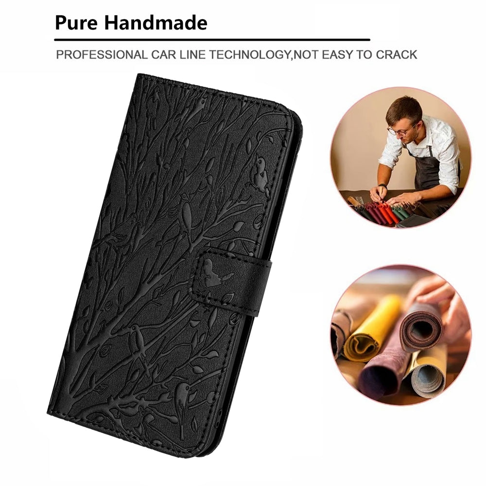 ELECTROPRIME For iPhone 15 Tree Birds Embossed Pattern Leather Phone Case(Black)