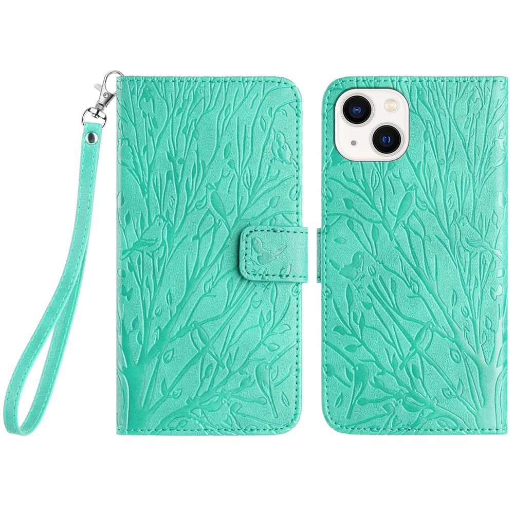 ELECTROPRIME For iPhone 15 Tree Birds Embossed Pattern Leather Phone Case(Green)