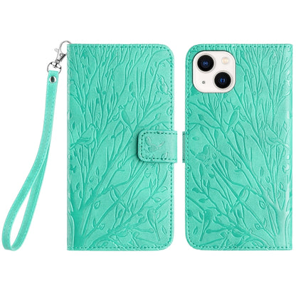 ELECTROPRIME For iPhone 15 Tree Birds Embossed Pattern Leather Phone Case(Green)
