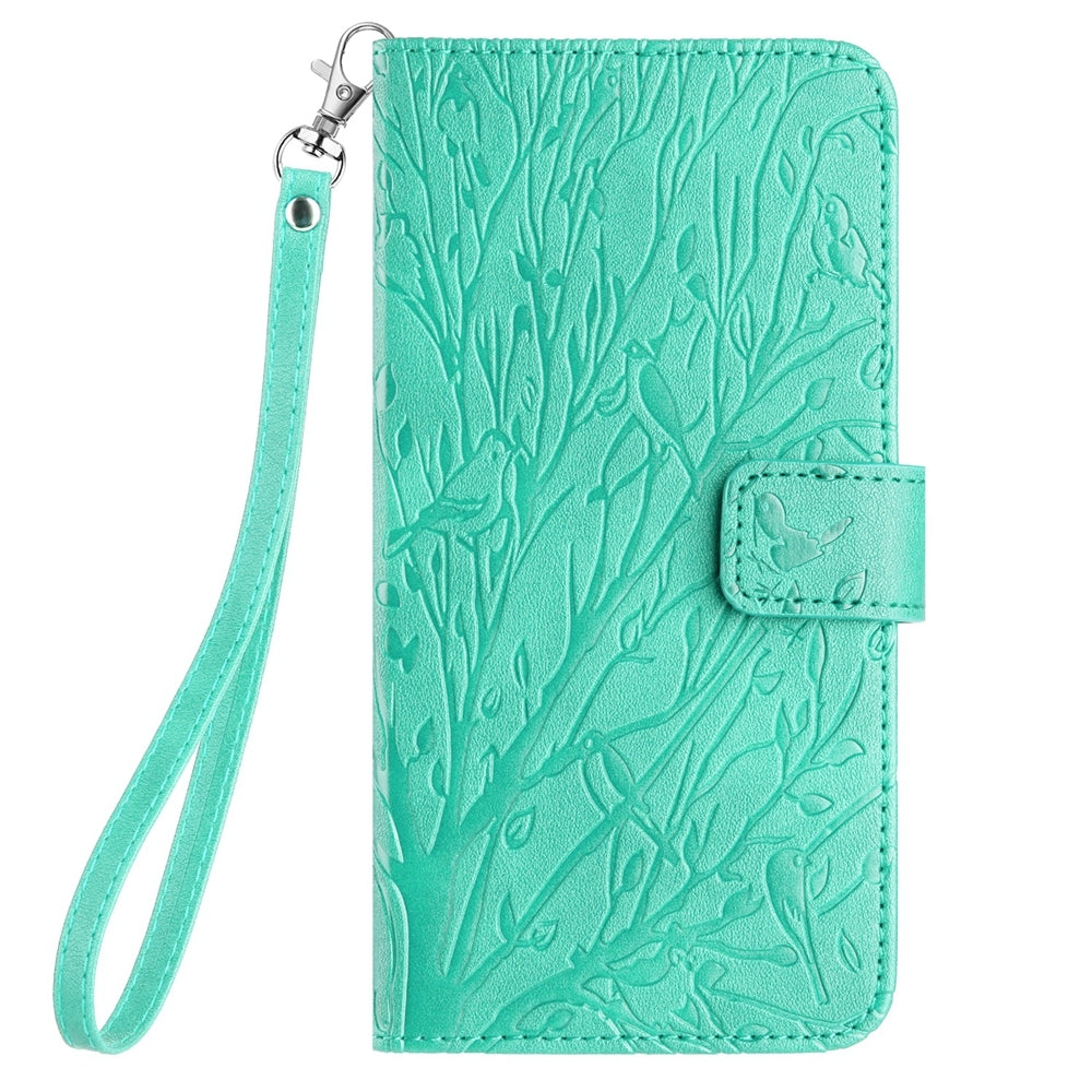 ELECTROPRIME For iPhone 15 Tree Birds Embossed Pattern Leather Phone Case(Green)
