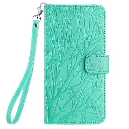 ELECTROPRIME For iPhone 15 Tree Birds Embossed Pattern Leather Phone Case(Green)